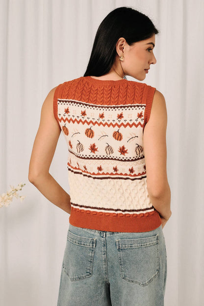 Pumpkin Fair Isle Cable Knit Button Down Sweater Vest