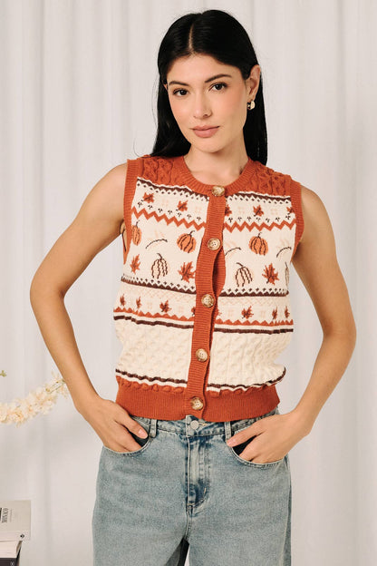 Pumpkin Fair Isle Cable Knit Button Down Sweater Vest