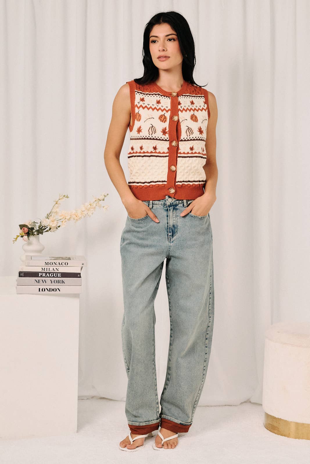 Pumpkin Fair Isle Cable Knit Button Down Sweater Vest