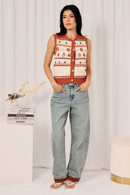 Pumpkin Fair Isle Cable Knit Button Down Sweater Vest